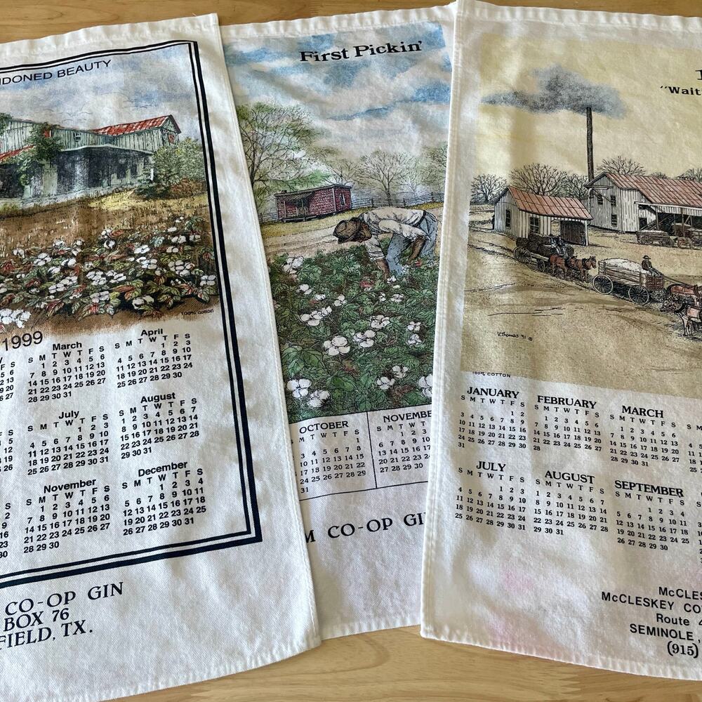 Vintage 1993 1994 1999 Tea Towel Calenders Cotton Field Farm House Nostalgia EUC